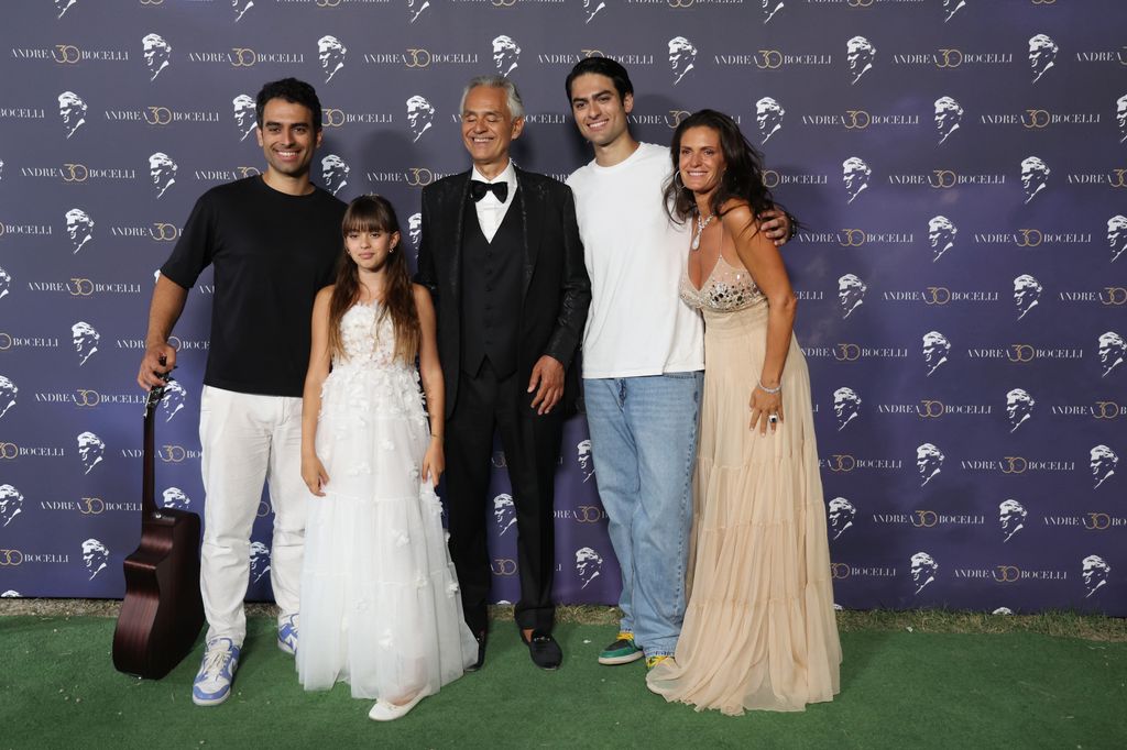 Amos Bocelli, Virginia Bocelli, Andrea Bocelli, Matteo Bocelli and Veronica Berti attend the "Andrea Bocelli 30: The Celebration"Andrea Bocelli celebrates his 30th anniversary in music with three star-studded concerts at Teatro Del Silenzio on July 19, 2024 in Lajatico, Italy