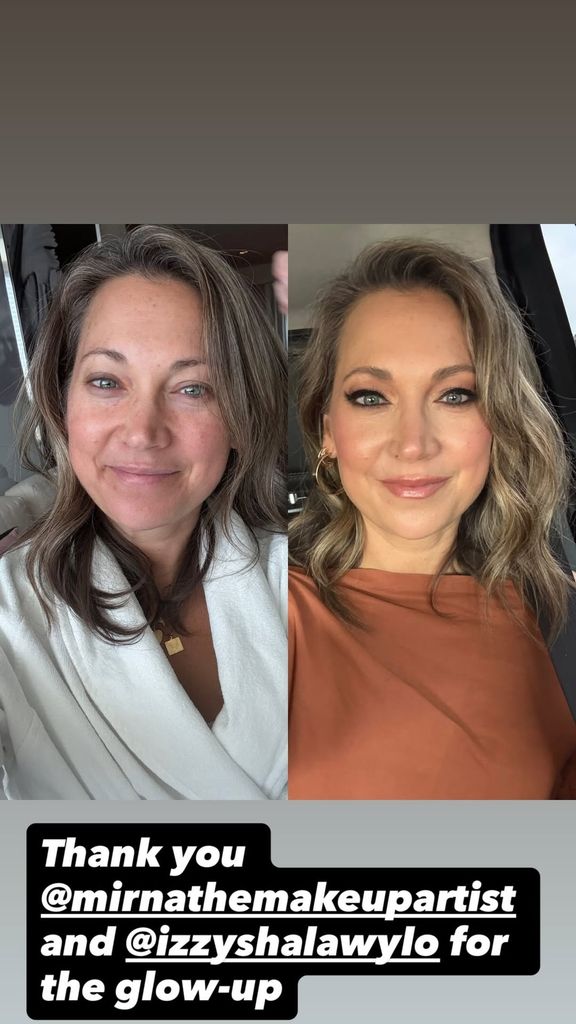 Ginger Zee side-by-side selfies of makeup transformation