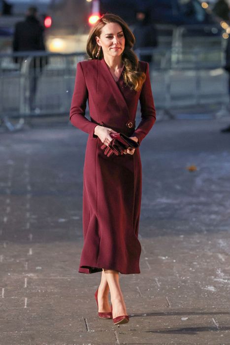 kate middleton wearing burgundy wrap coat dress