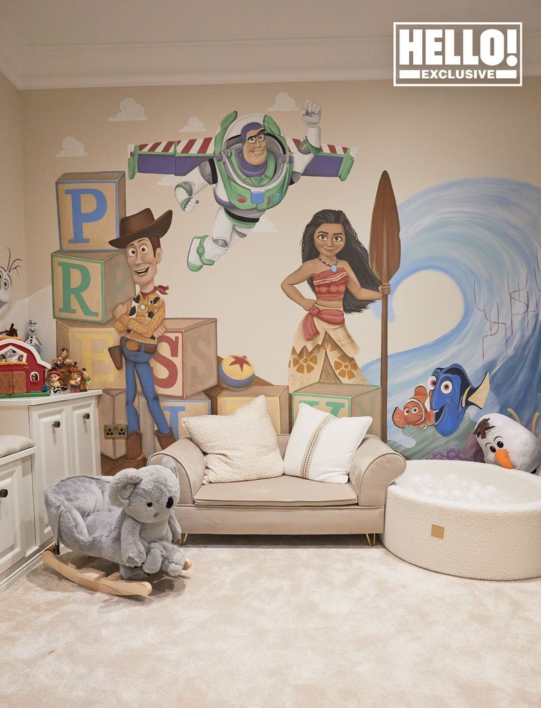 Jessica Wright new playroom for son Presley with Toy Story Finding Nemo and Moana wall art 