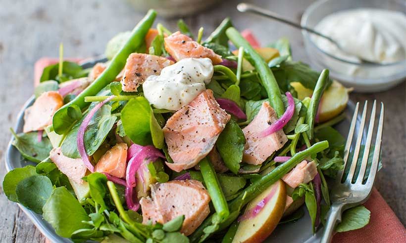 Hot smoked salmon and watercress salad with apples, green beans and creme fraiche