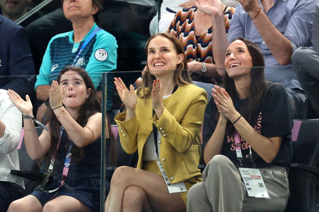 Natalie Portman is seen during the Artistic Gymnastics Women's Team Final on day four of the Olympic Games Paris 2024 at Bercy Arena on July 30, 2024 in Paris, France