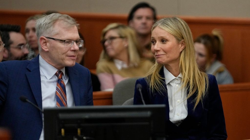 Actor Gwyneth Paltrow and attorney Steve Owens react as the verdict is read in her civil trial over a collision with another skier 
