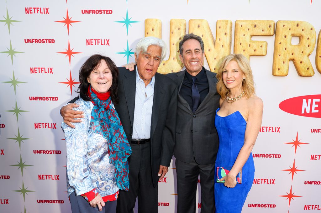 Mavis Leno, Jay Leno, Jerry Seinfeld and Jessica Seinfeld attend Netflix's "Unfrosted" premiere at The Egyptian Theatre on April 30, 2024 in Los Angeles, California.