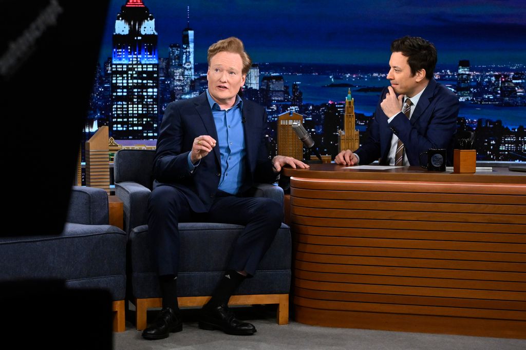 Comedian Conan O'Brien during an interview with host Jimmy Fallon on The Tonight Show Tuesday, April 9, 2024