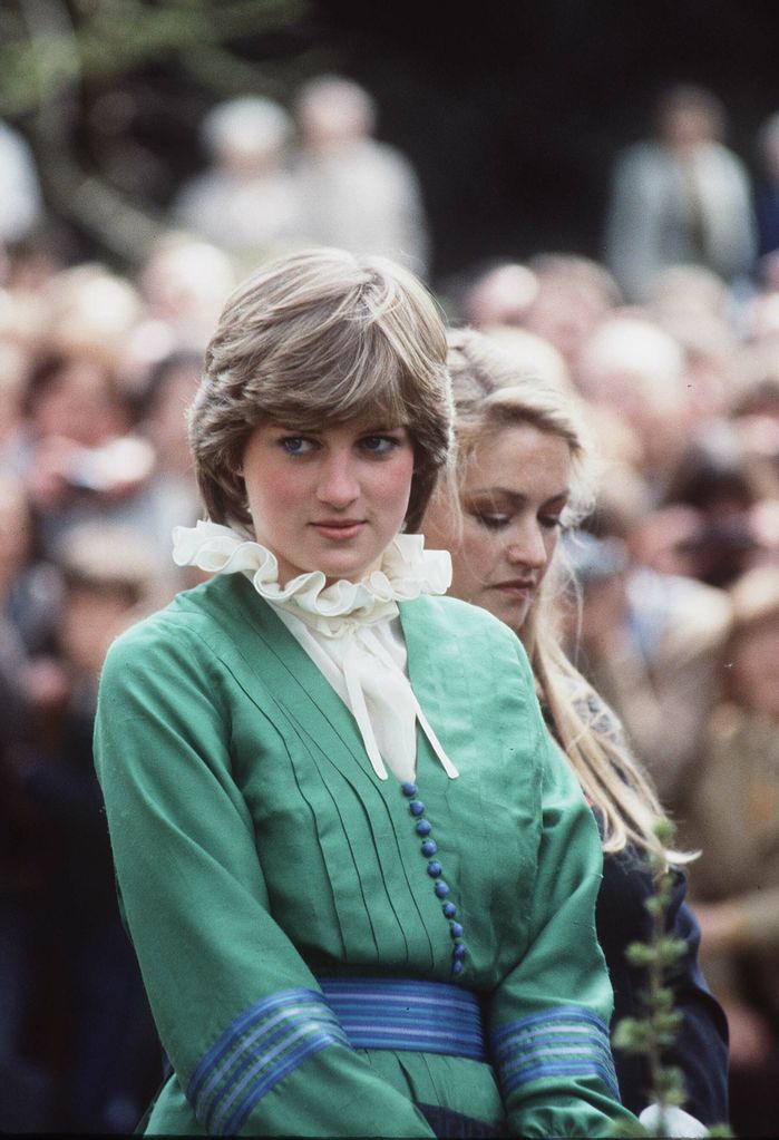   Lady Diana Spencer, wearing a green dress with a pie crust frill collar, during a visit to Broadlands in 198. The former wife of King Charles also wore a a pie crust collar.