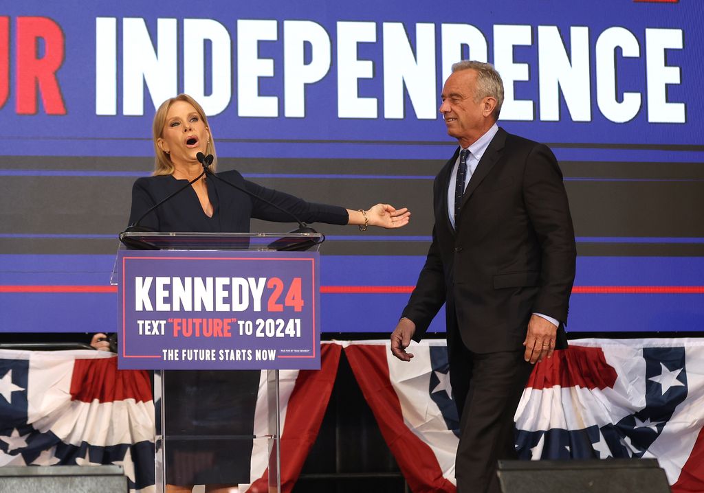 Actress Cheryl Hines introduces her husband, independent presidential candidate Robert F. Kennedy Jr., during a campaign event