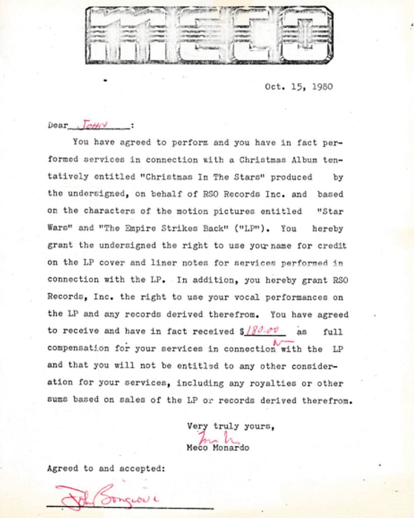 Jon Bon Jovi shares a photo of his first recording contract drafted for the Star Wars Christmas album in 1980, posted on Instagram