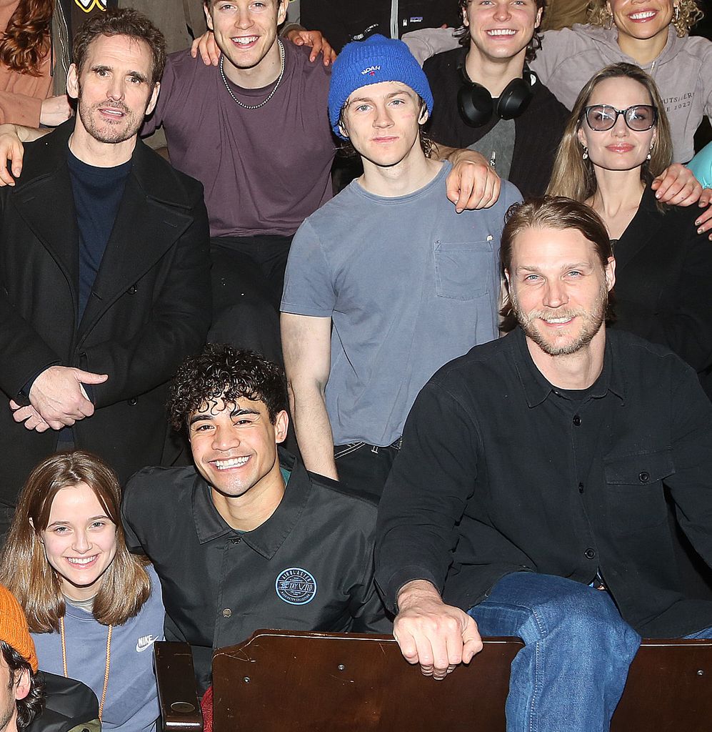  Angelina Jolie, Vivienne Jolie-Pitt, Original film star Matt Dillon, Director Danya Tamor, Book Writer Adam Rapp pose with the cast and company backstage at the new musical based on the classic book "The Outsiders" on Broadway at The Bernard B. Jacobs Theatre on April 3, 2024 in New York City. Matt Dillon starred in the 1983 film "The Outsiders" as "Dallas Winston" who in the 2024 musical is played by Joshua Boone
