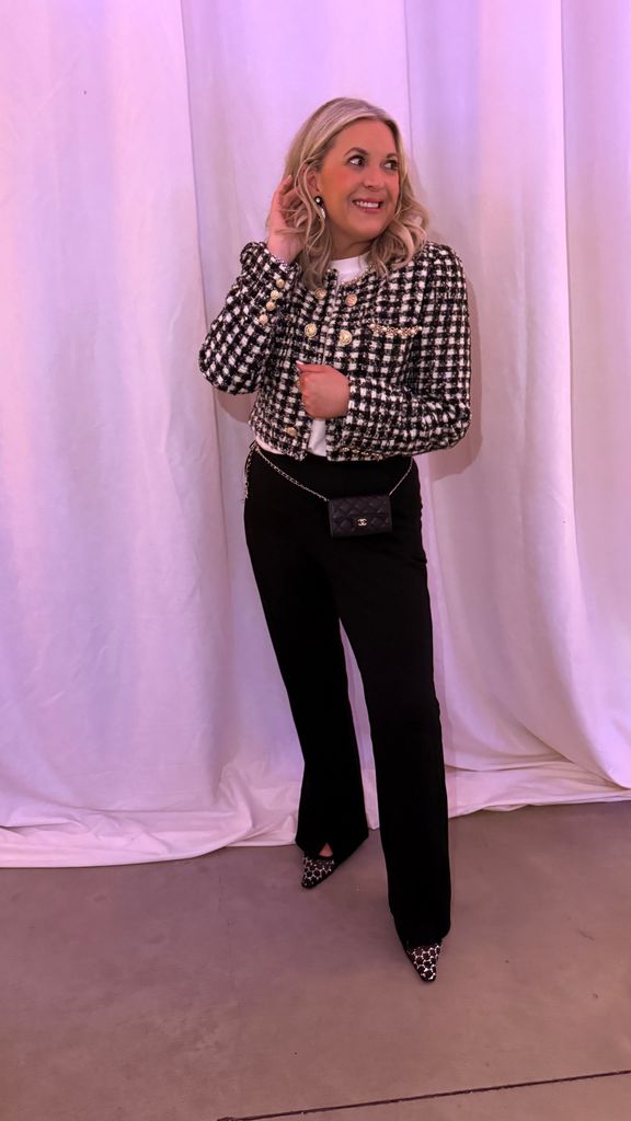 Comfort (tee) + Structure (trousers) + One Statement Piece (embellished trophy jacket) 