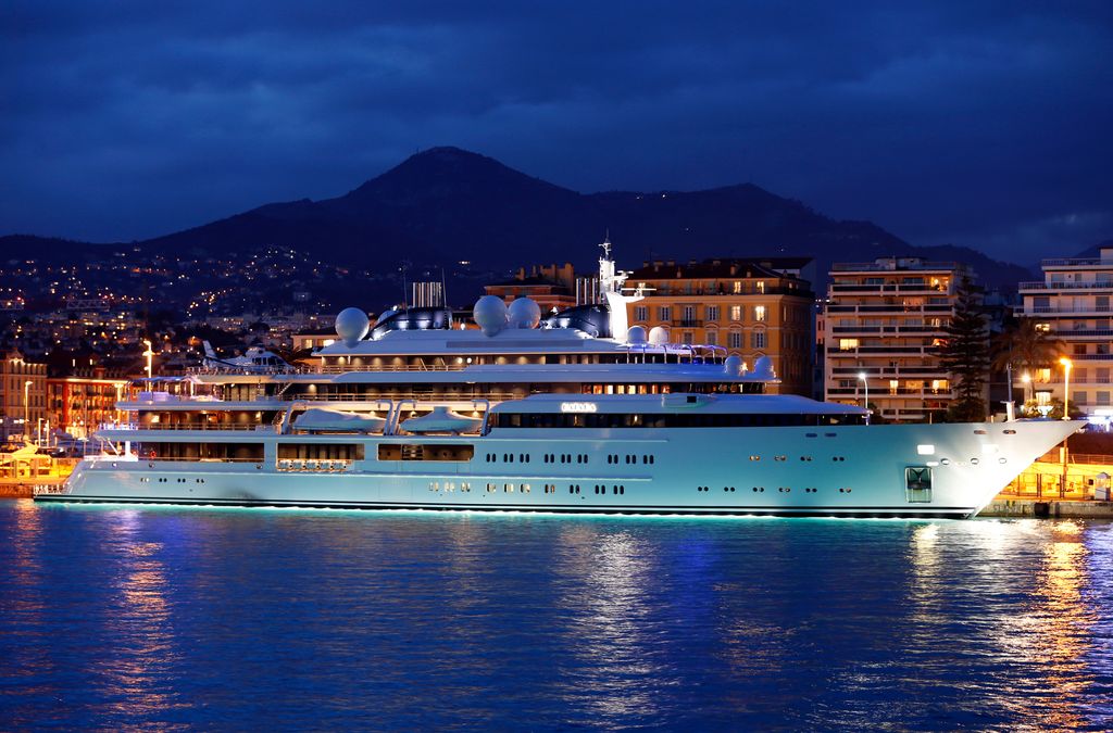The Katara superyacht lit up in low lighting