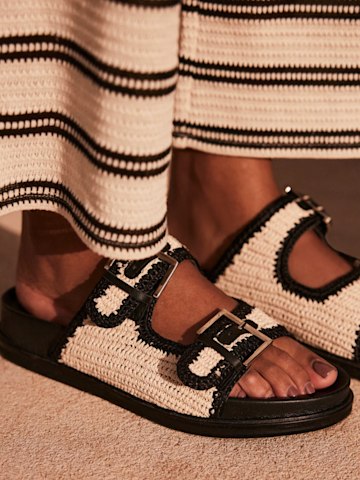 Black Leather Raffia Sandals