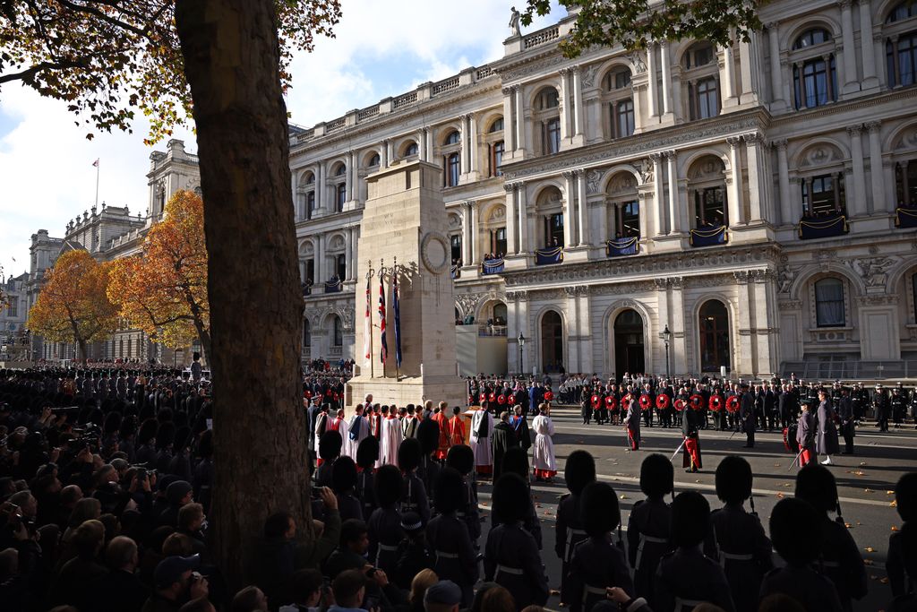  Members of the royal family, including Britain's King Charles III (C), political leaders, military, veterans and members of the public take part in the Remembrance Sunday 