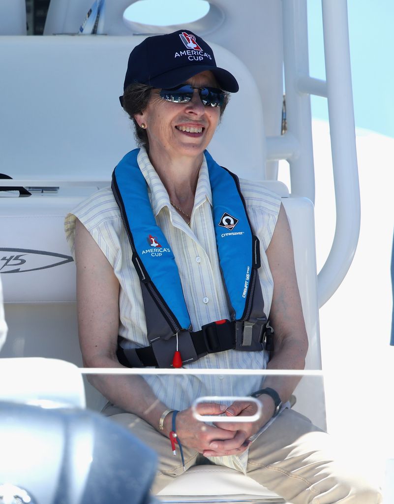 Princess Anne wearing cap and sunglasses to watch America's Cup