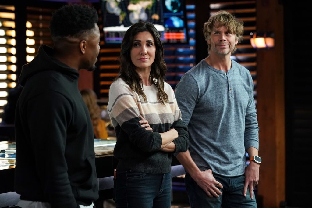 Caleb Castille (Special Agent Devin Rountree), Daniela Ruah (Special Agent Kensi Blye), and Eric Christian Olsen (LAPD Liaison Marty Deeks) on NCIS Los Angeles