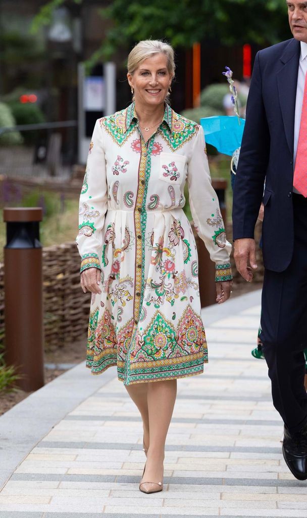 Duchess Sophie smiling in floral dress as she arrives at Battersea Power Station