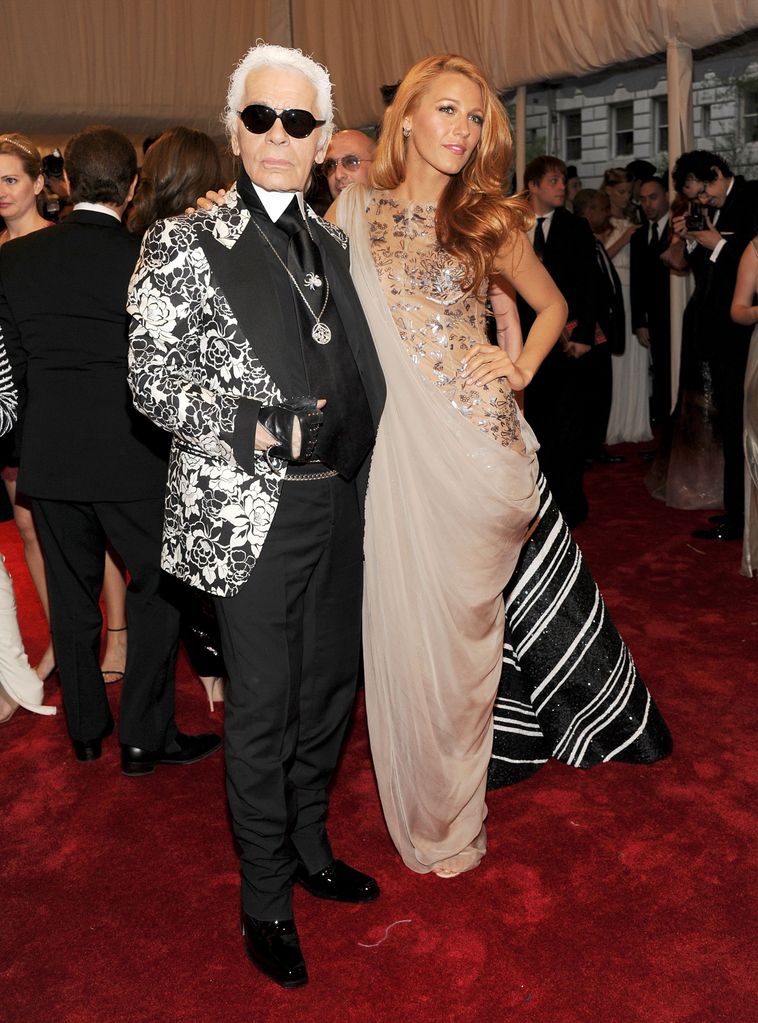 Karl Lagerfeld and actress Blake Lively at the "Alexander McQueen: Savage Beauty" Met Gala in 2011