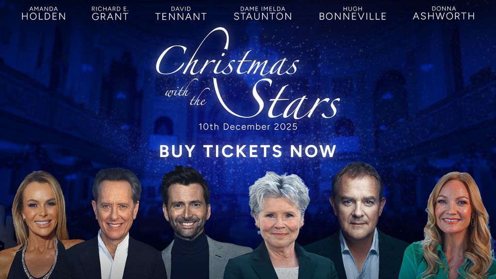 a charity carol concert poster with celebrity faces on