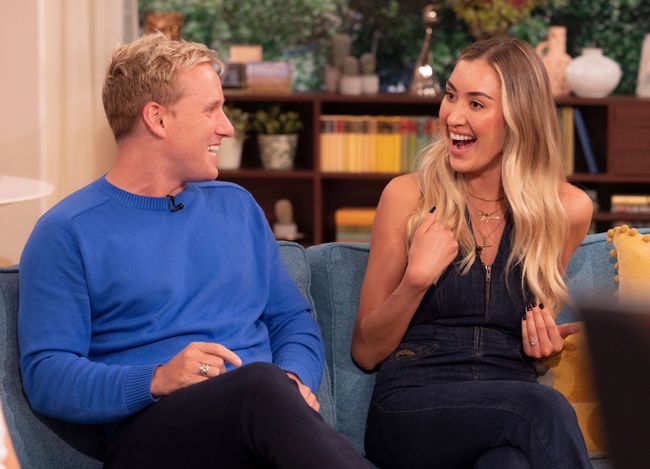 Jamie Laing and Sophie Habboo on the This Morning sofa laughing 