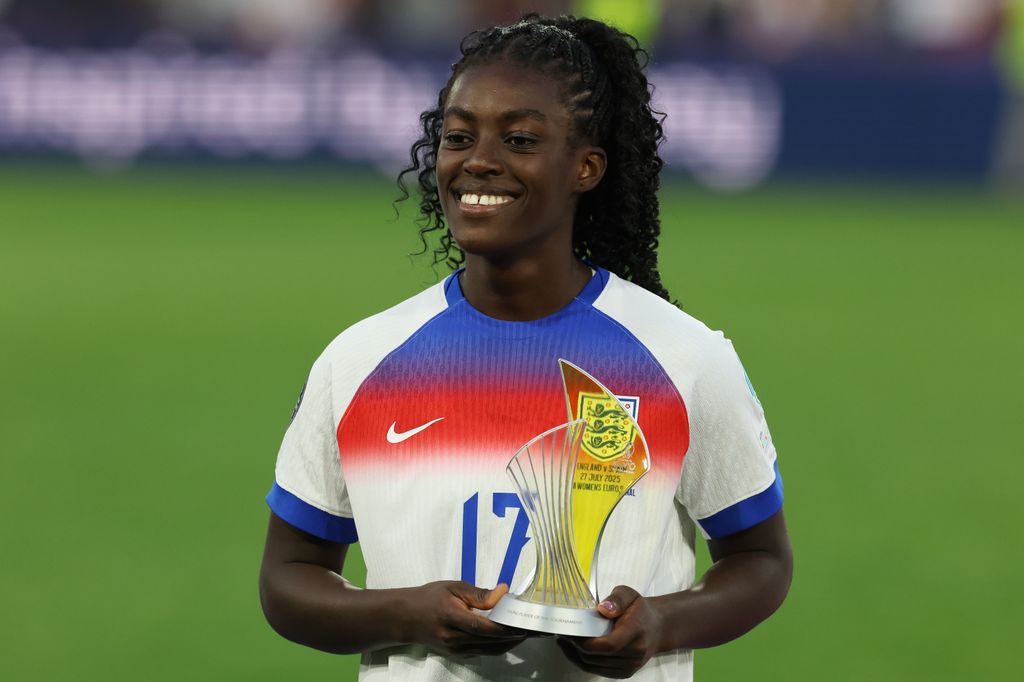 Michelle Agyemang of England poses for a photo after being presented with the UEFA Young Player of the Tournament award following the UEFA Women's EURO 2025 Final match between England and Spain