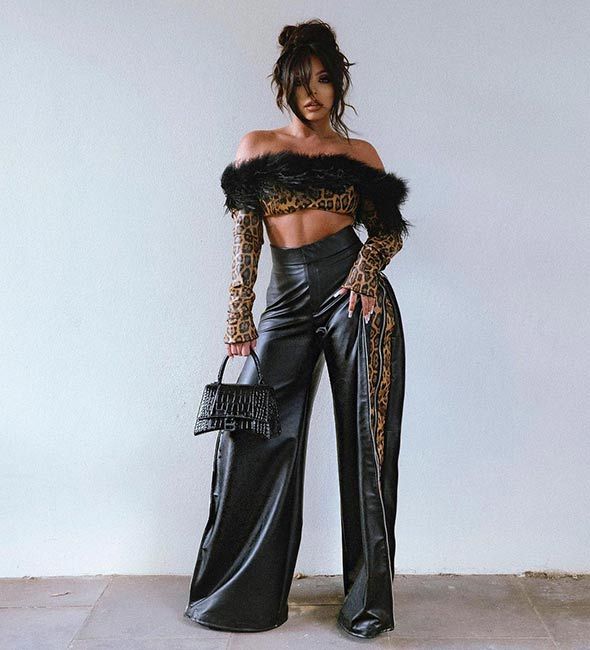 jesy nelson leopard print crop top leather flares