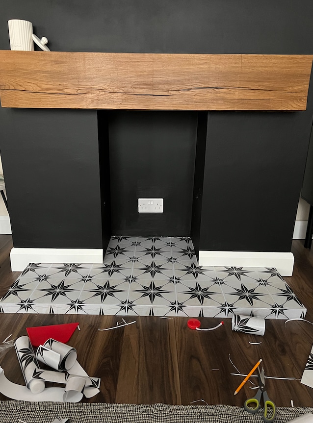 fireplace with black and white tile stickers 