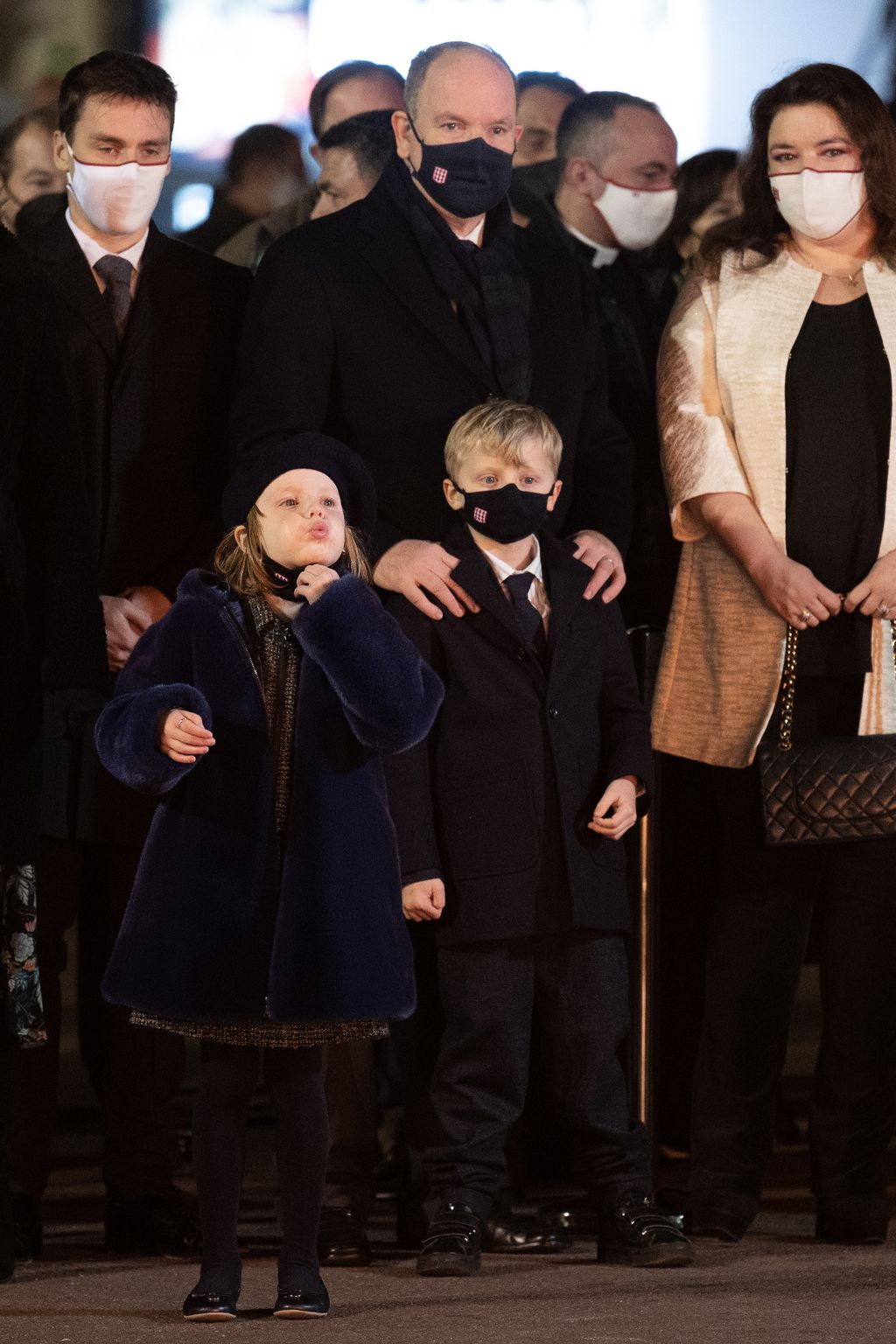 Prince Albert, Melanie-Antoinette de Massy and Prince Jacques and Princess Gabriella in a crowd