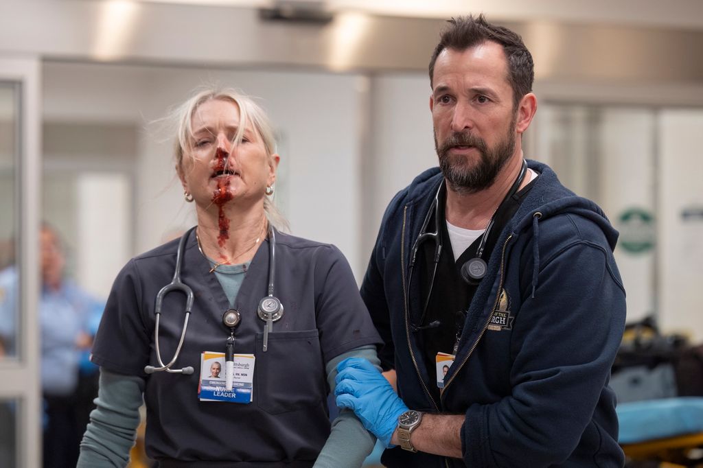 Katherine LaNasa as Dana Evans in The Pitt alongside Noah Wyle as Dr Robby