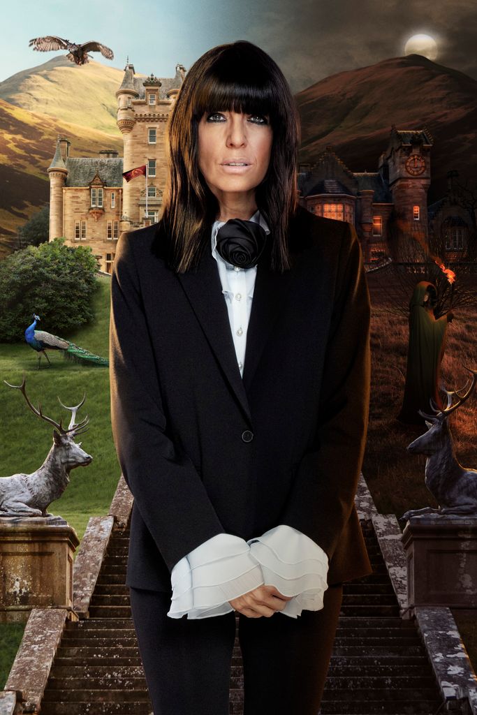 Claudia Winkleman white blouse and Velvet blazer on the traitors