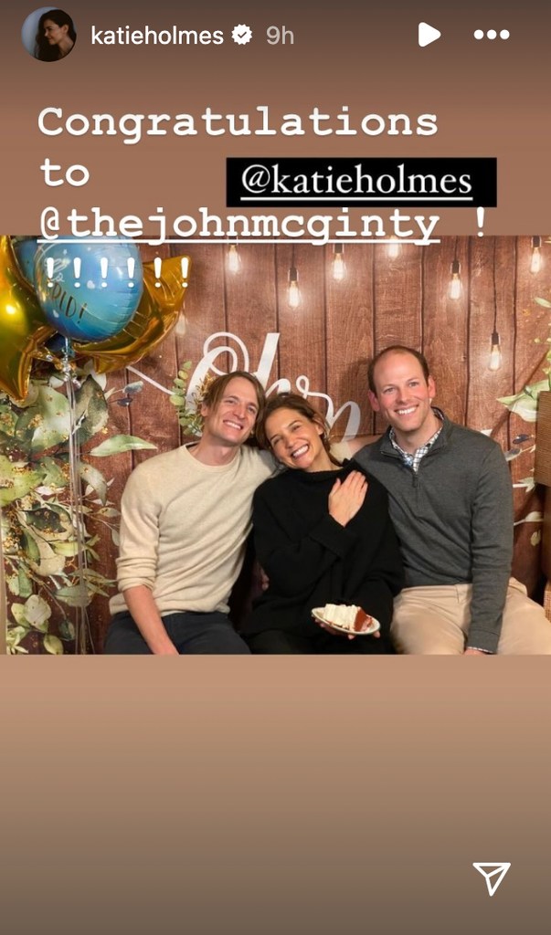 Katie Holmes posed with her Our Town co-star John McGinty and his parter Steve at their baby shower 