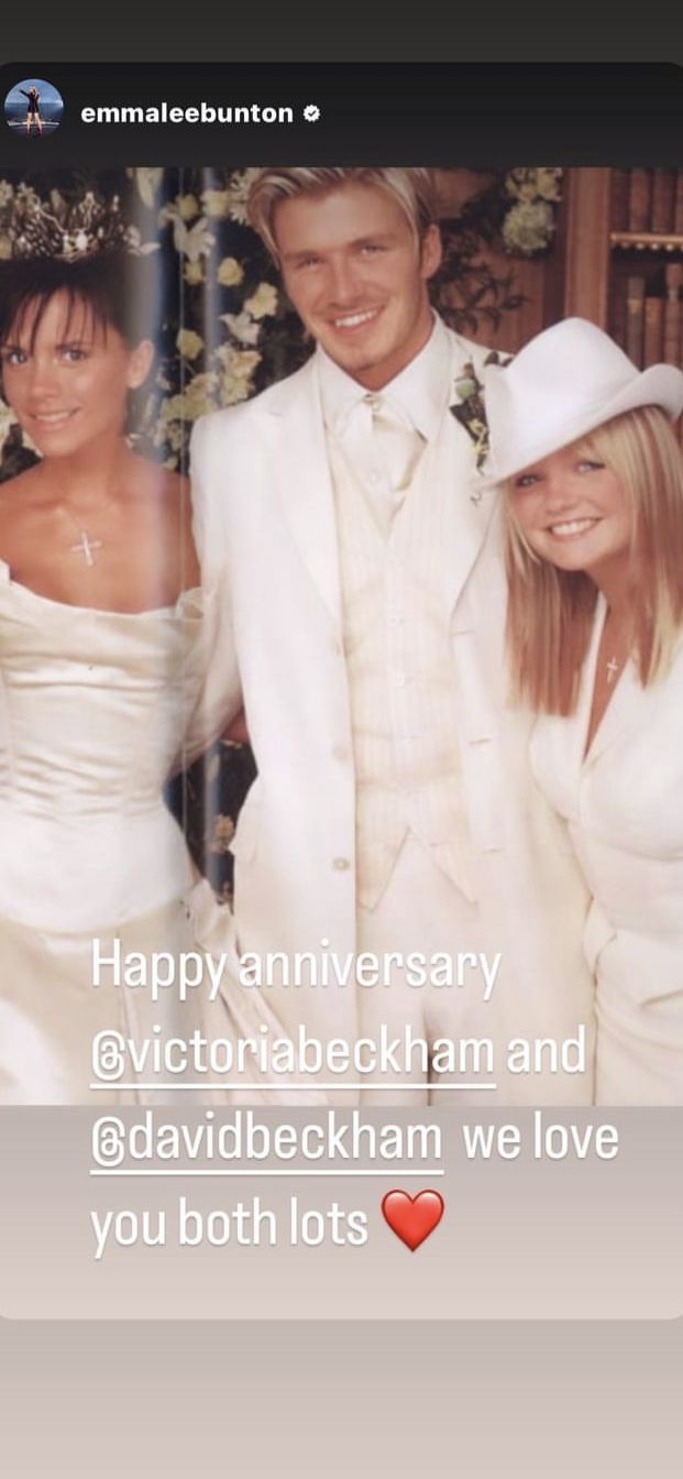 Emma Bunton wearing a white waistcoat and hat with newlyweds Victoria and David Beckham