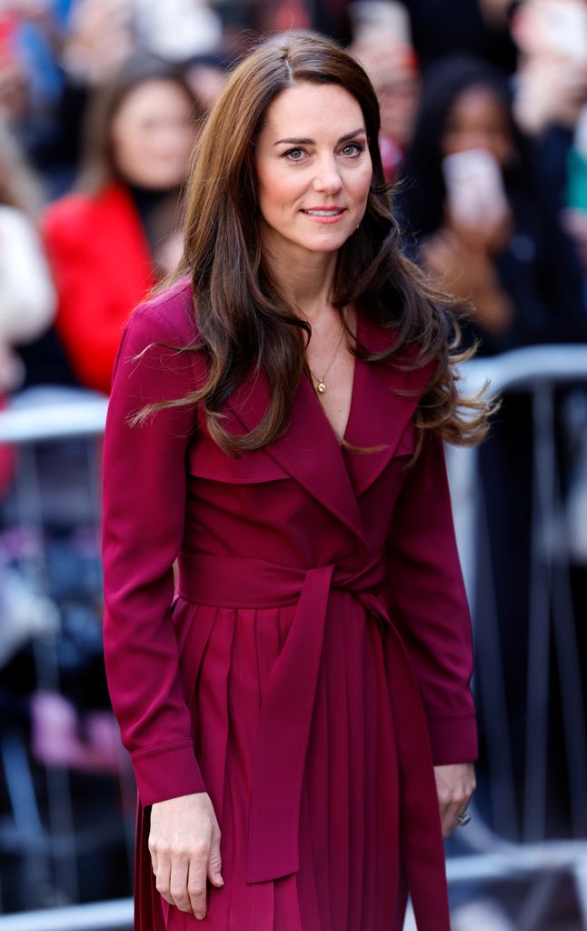 Kate Middleton wears burgundy Karen Millen dress at the Rectory on April 20, 2023 in Birmingham, England. The Prince and Princess of Wales are visiting the city to meet future creative leaders and celebrate the city's diverse culture. 