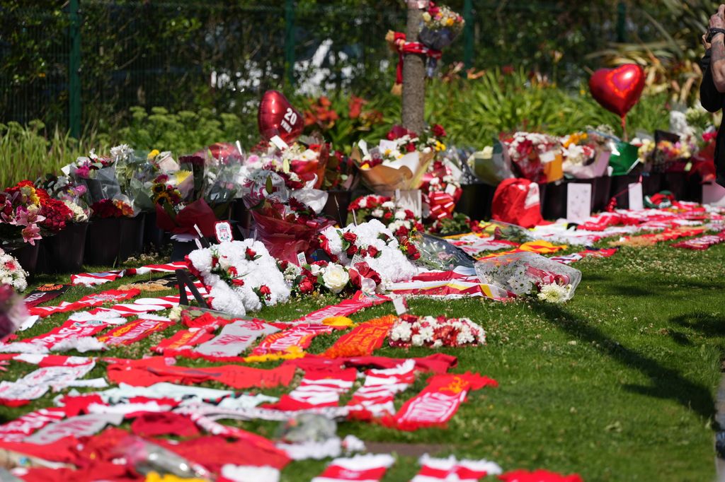  Flowers and floral tributes for Diogo Jota are laid at Anfield Stadium