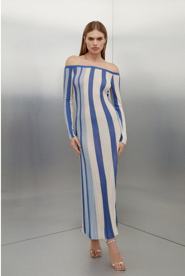Karen Millen Slinky Viscose Slash Neck Striped Knit Midaxi Dress