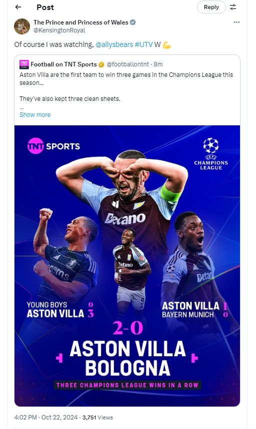 Prince William shared a person tweet after Villa's success