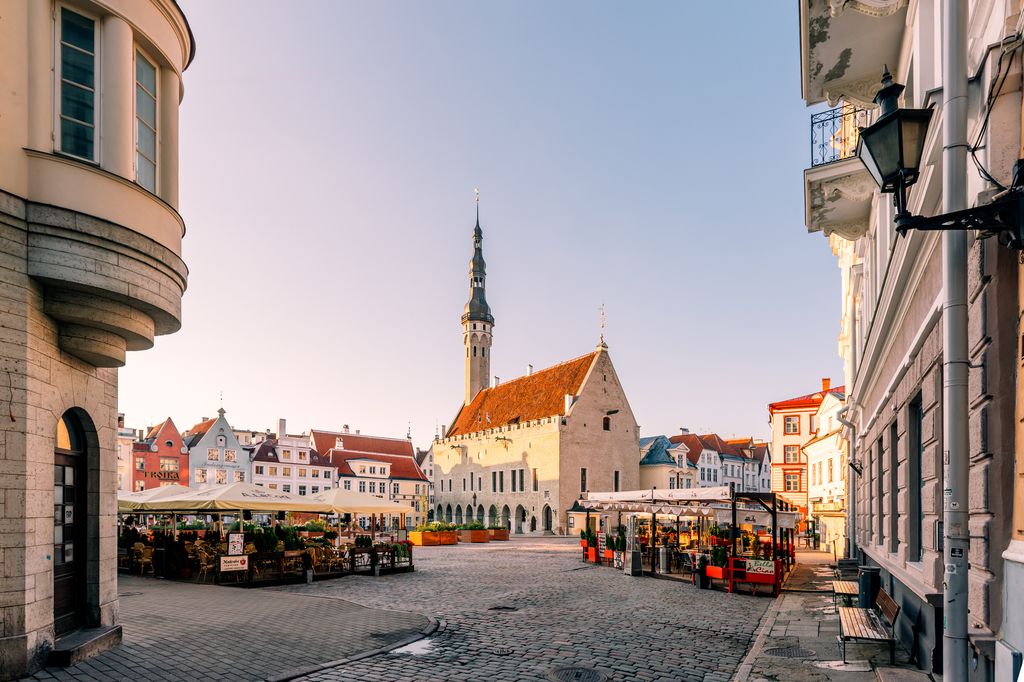 Town Hall Square and Town Hall Tower on a sunny summer morning, Tallinn, Estonia