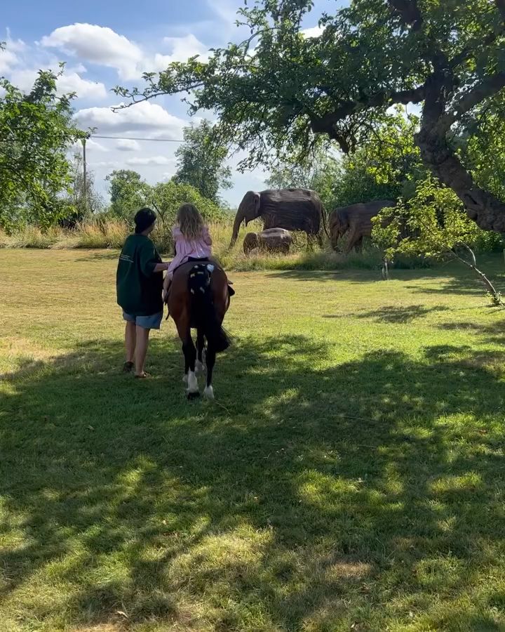 Carrie Johnson's daughter on a horse riding towards elephant statues