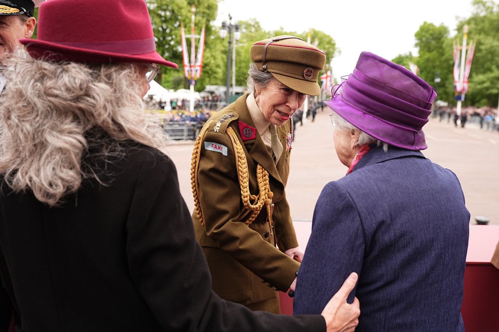 Princess Anne in a military uniform shaking hands with guests at VE Day