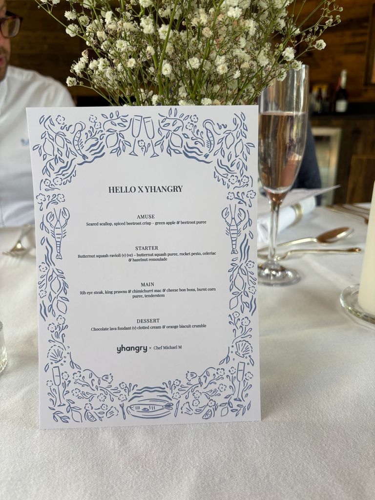 white and blue menu on a table cloth
