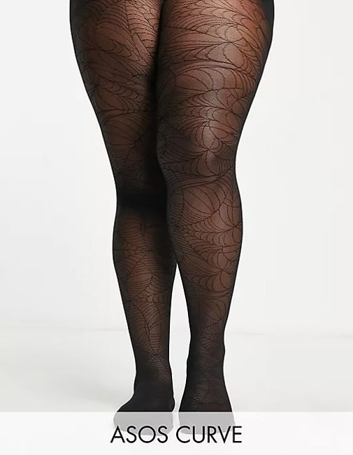 the legs of a plus sized model wearing black web pattern tights