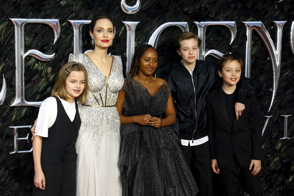 Vivienne Marcheline Jolie-Pitt, Angelina Jolie, Zahara Marley Jolie-Pitt, Shiloh Nouvel Jolie-Pitt and Knox Jolie-Pitt attend the European premiere of "Maleficent: Mistress of Evil" at Odeon IMAX Waterloo on October 09, 2019 in London, England.