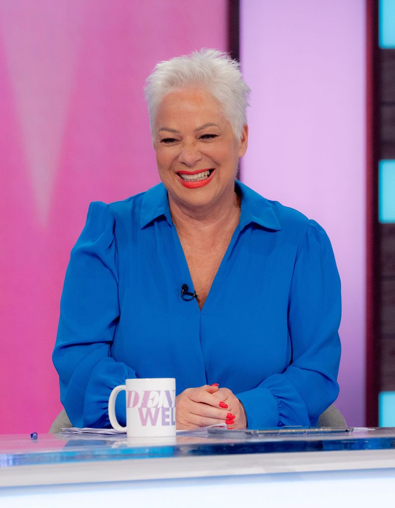Denise Welch in a blue shirt