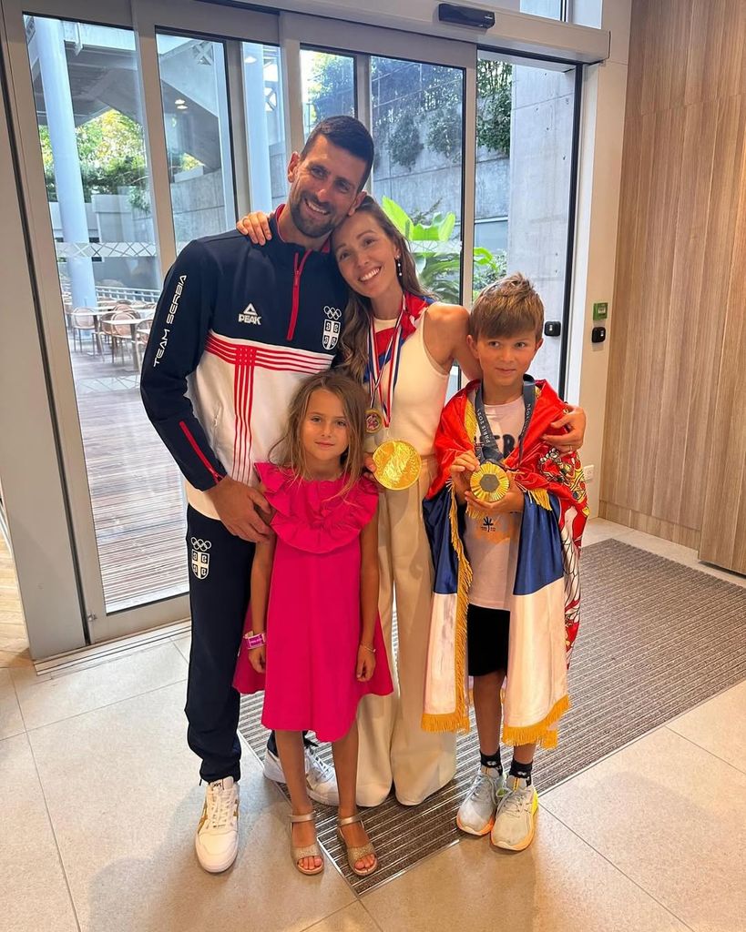 Novak Djokovic with his wife and two kids after winning gold medal in Paris at Olympics