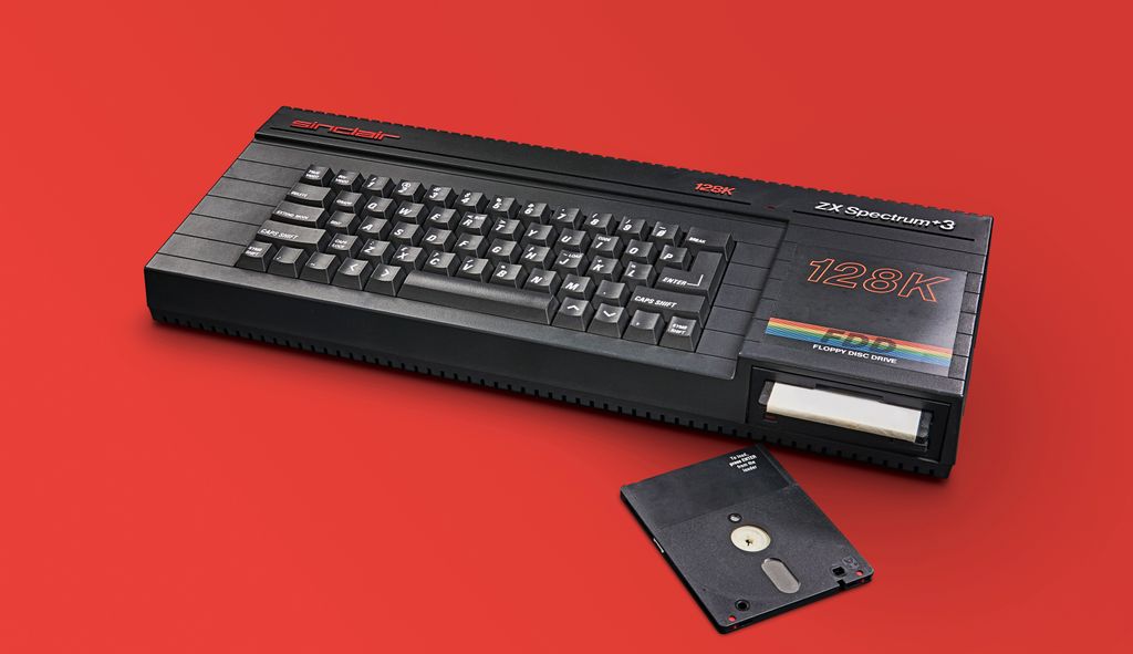 A vintage 1980s Sinclair ZX Spectrum +3 home computer and floppy disks, taken on October 8, 2018. (Photo by James Sheppard/Retro Gamer Magazine/Future via Getty Images)