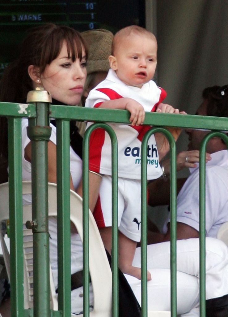 Rachel Flintoff and their baby Corey attend day two of the second Ashes Test Matchin 2006