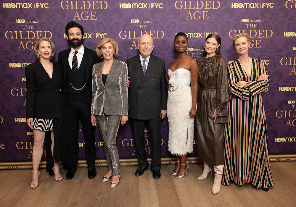 Carrie Coon, Morgan Spector, Christine Baranski, Julian Fellowes, Denee Benton, Louisa Jacobson and Cynthia Nixon attend the premiere of The Gilded Age