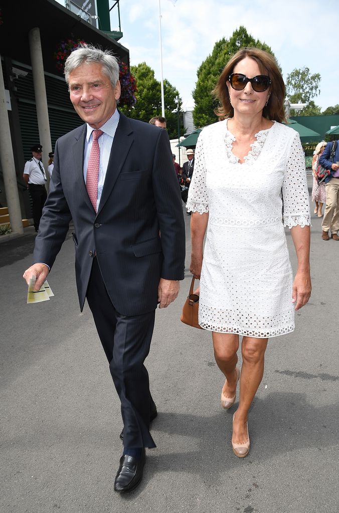 Carole and Michael Middleton attend day three of the Wimbledon Tennis Championships at the All England Lawn Tennis and Croquet Club on July 4, 2018 in London, England. 