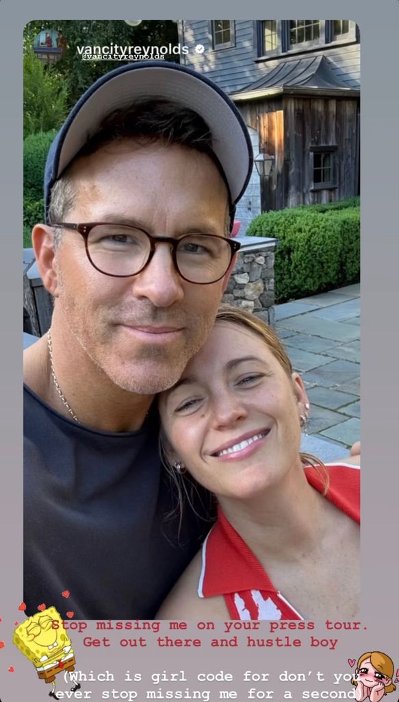 Instagram Story shared by Blake Lively reposting a selfie from Ryan Reynolds of the two while he is away promoting Deadpool & Wolverine