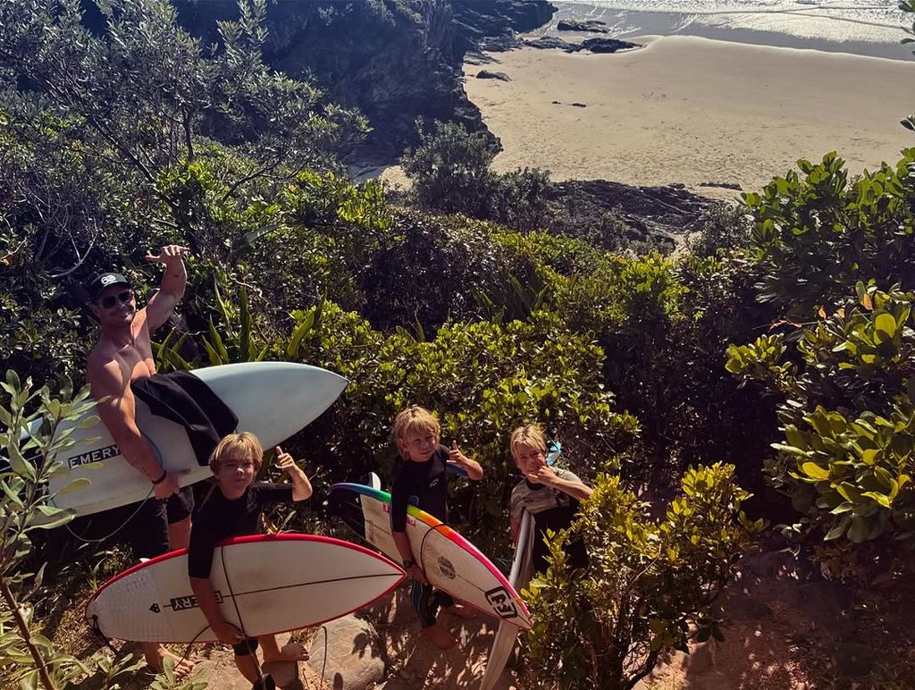 Chris Hemsworth shares photos from a day of surfing with his sons Tristan and Sasha, posted on Instagram