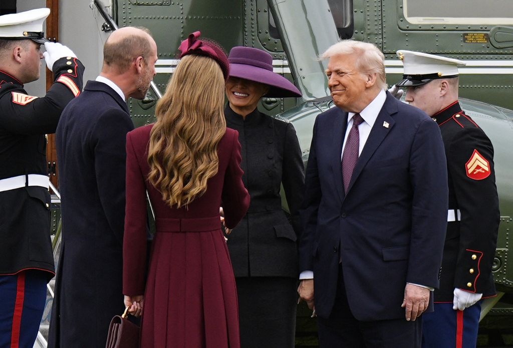 US President Donald Trump and First Lady Melania Trump are greeted by Britain's Prince William, Prince of Wales and Britain's Catherine, Princess of Wales
